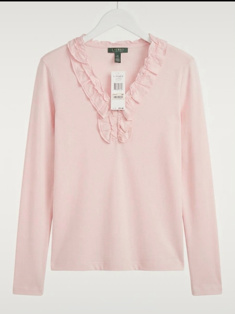 Ralph Lauren Light Pink Ruffle V‑Neck Long Sleeve Top